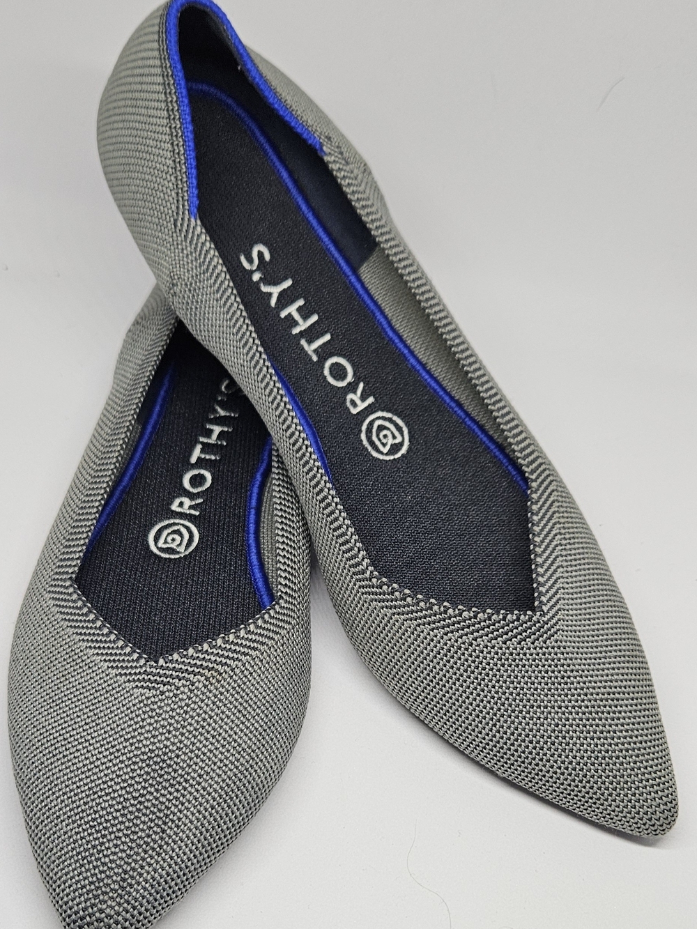 Rothy's Pointed Toe Flats in Cloud Gray Birdseye with Blue Trim